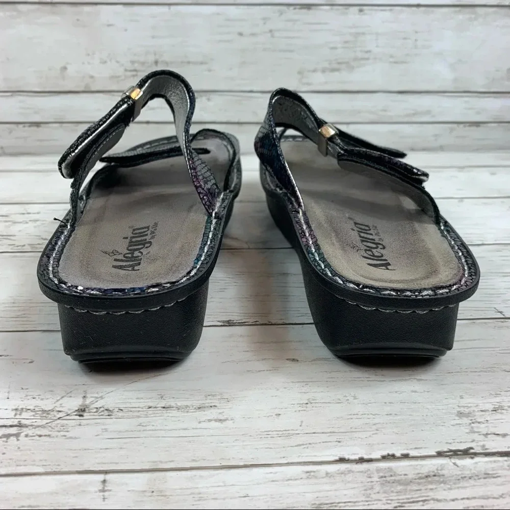 Alegria Karmen Black/Purple Snake Print Metallic platform Slide